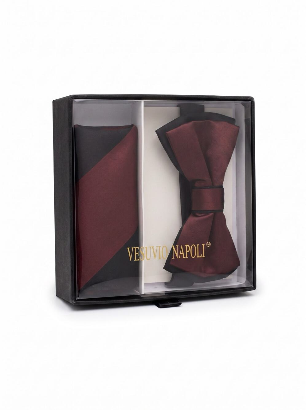 NWT VTG Vesuvio Napoli Men’s Burgundy Black Preppy Bowtie & Matching Square Set